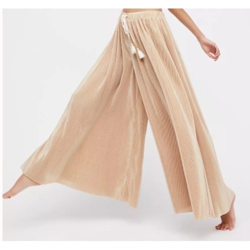 Free People Wide Leg Pleated Velvet Pants in Light Taupe - Picture 2 of 8